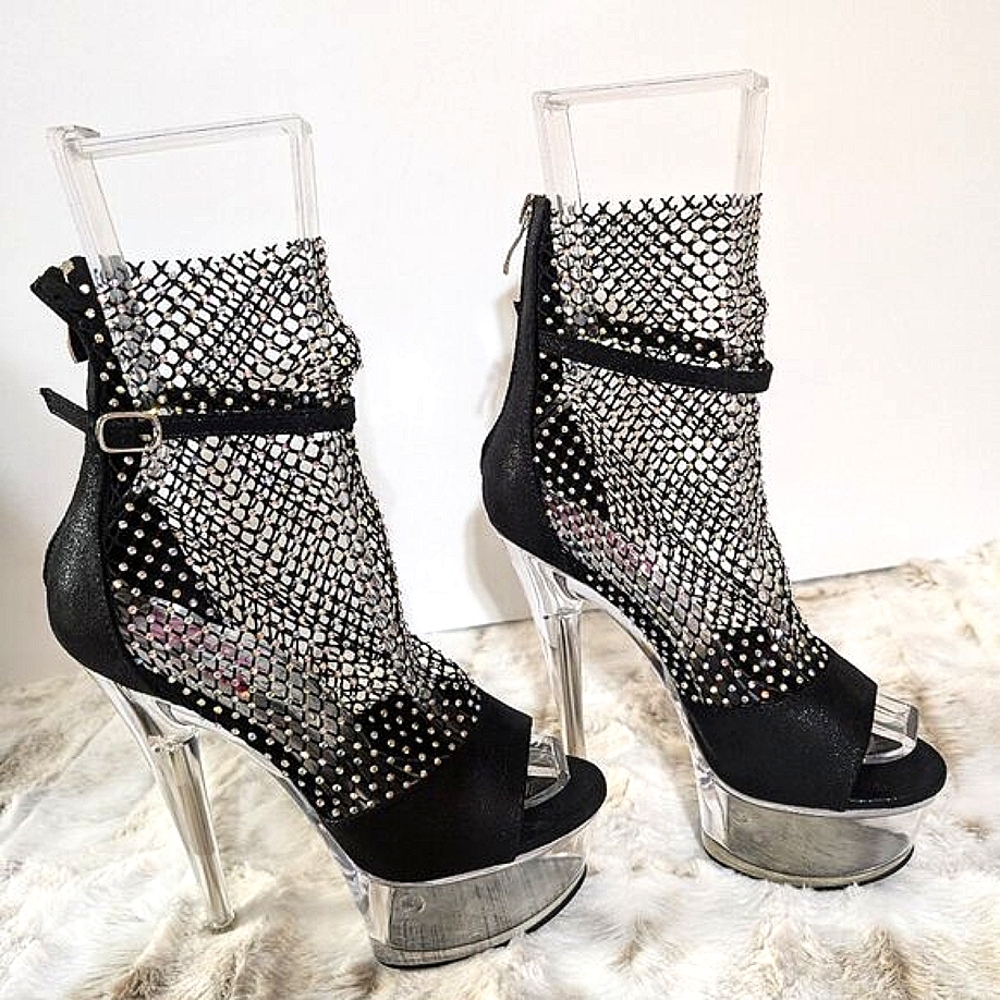 Golden Bulls Black Mesh Rhinestone Clear 6" Platform High Heels